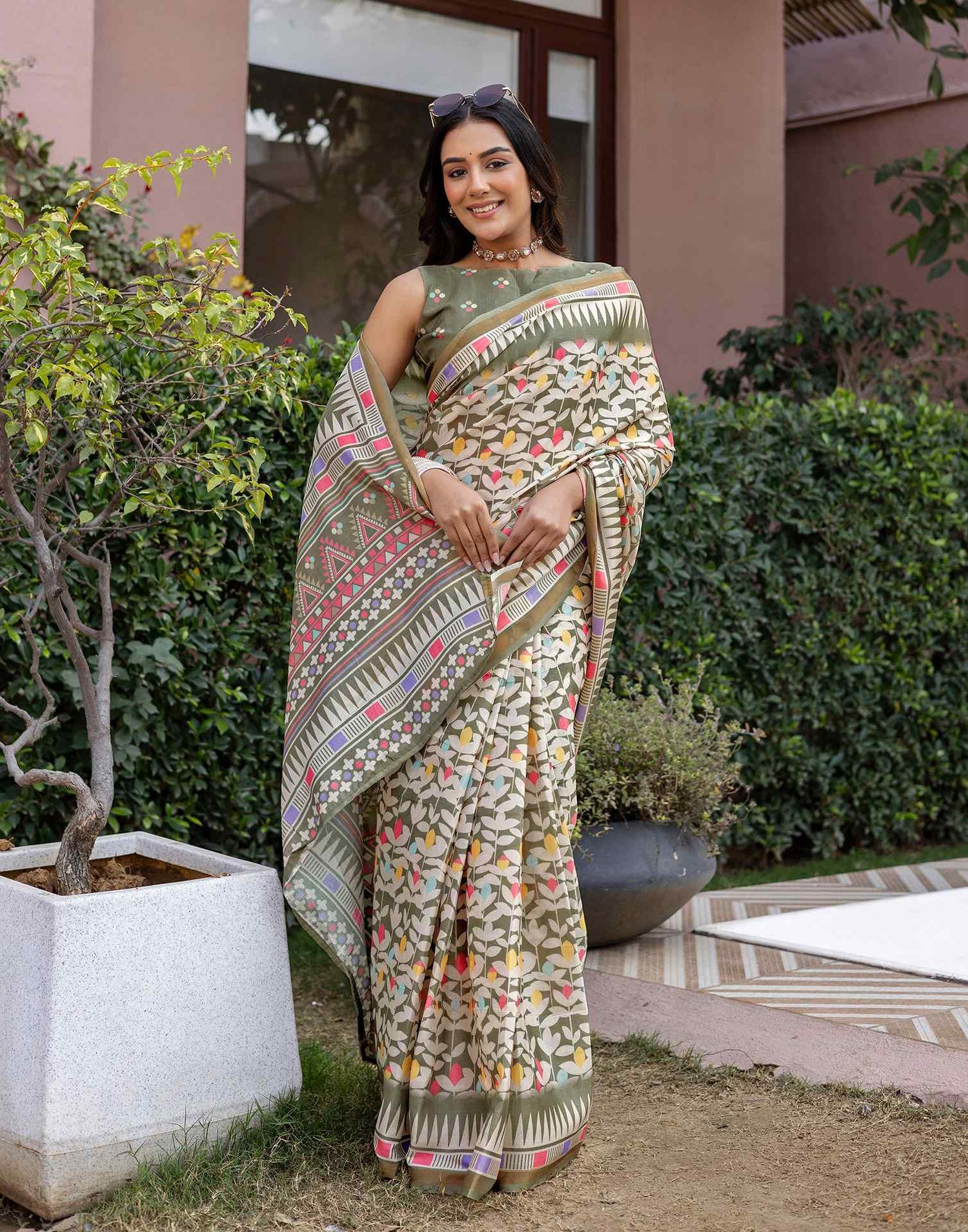 Sage Green Silk Printed Saree