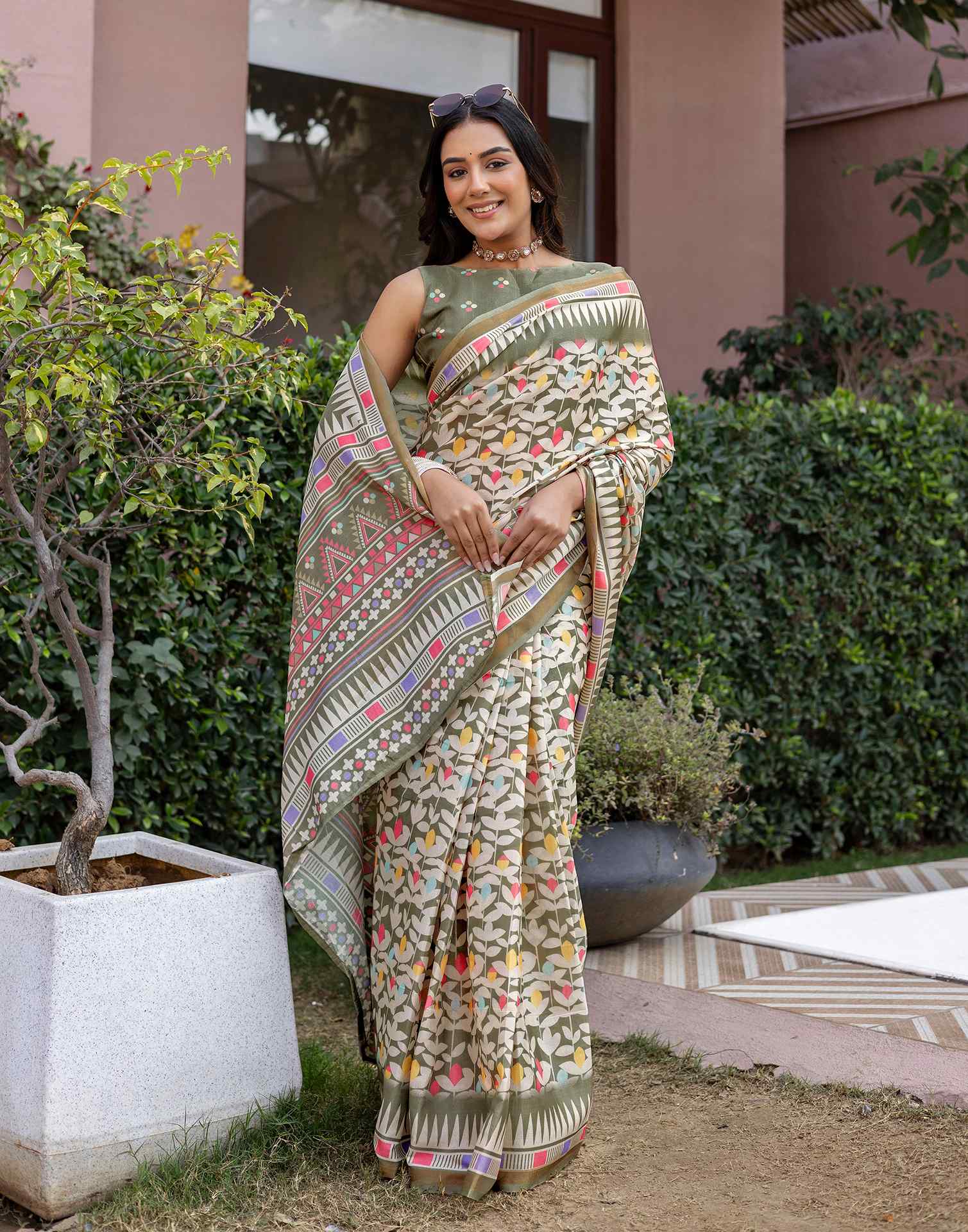 Sage Green Silk Printed Saree