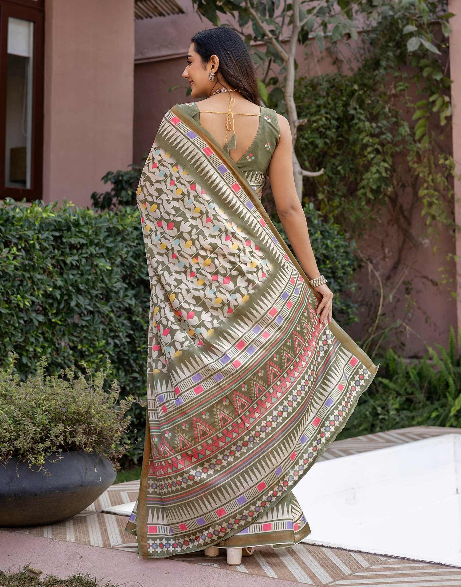 Sage Green Silk Printed Saree