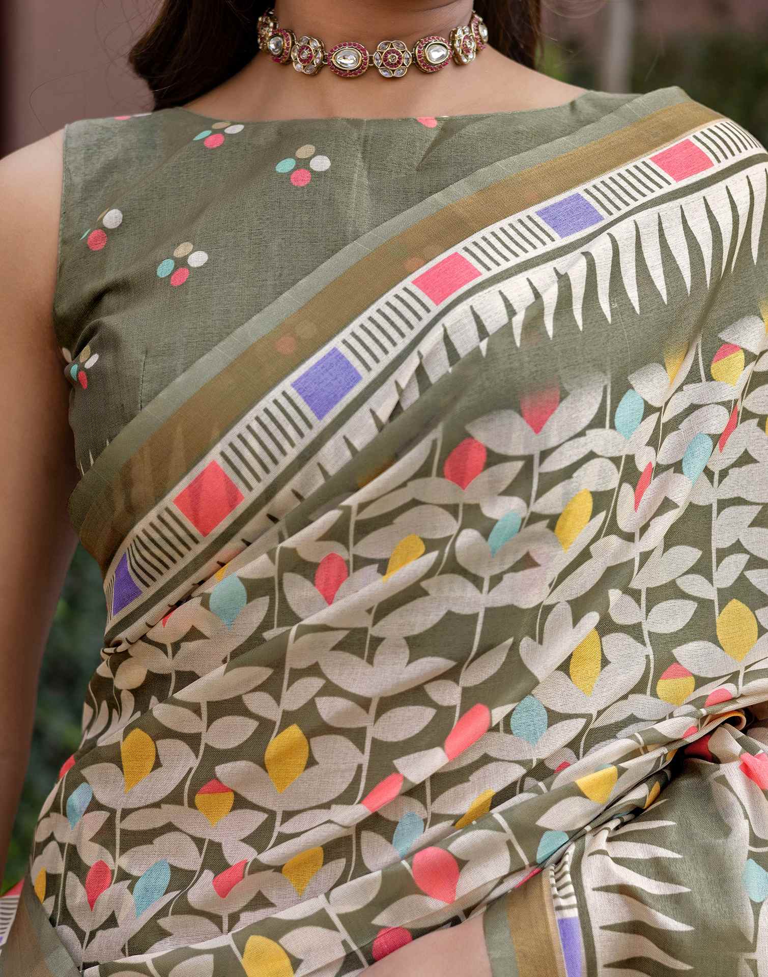 Sage Green Silk Printed Saree