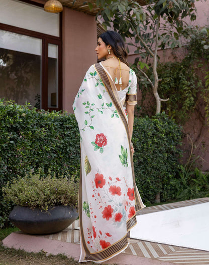 White Silk Floral Printed Saree