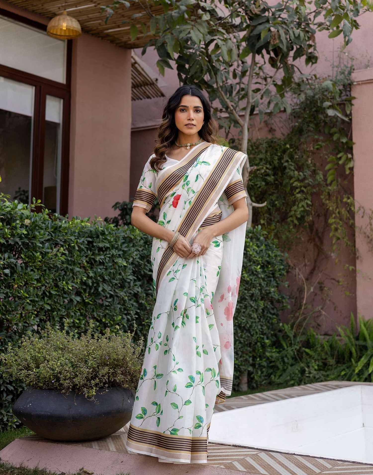 White Silk Floral Printed Saree