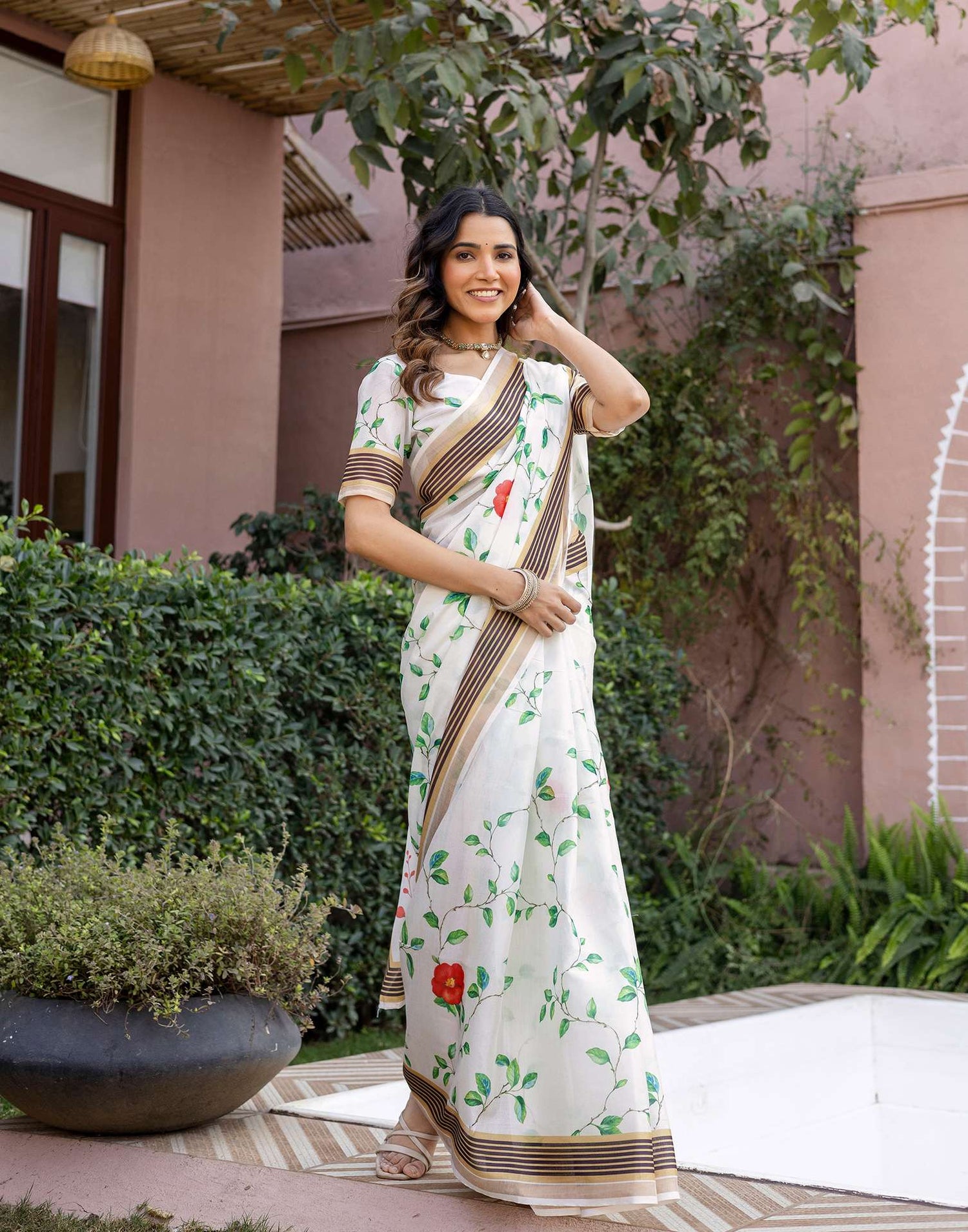 White Silk Floral Printed Saree