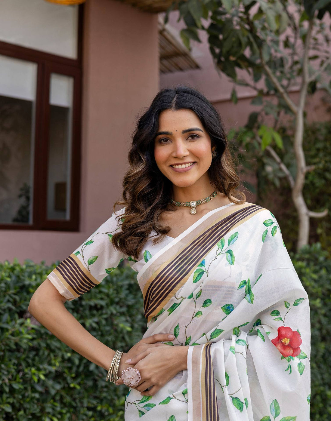 White Silk Floral Printed Saree
