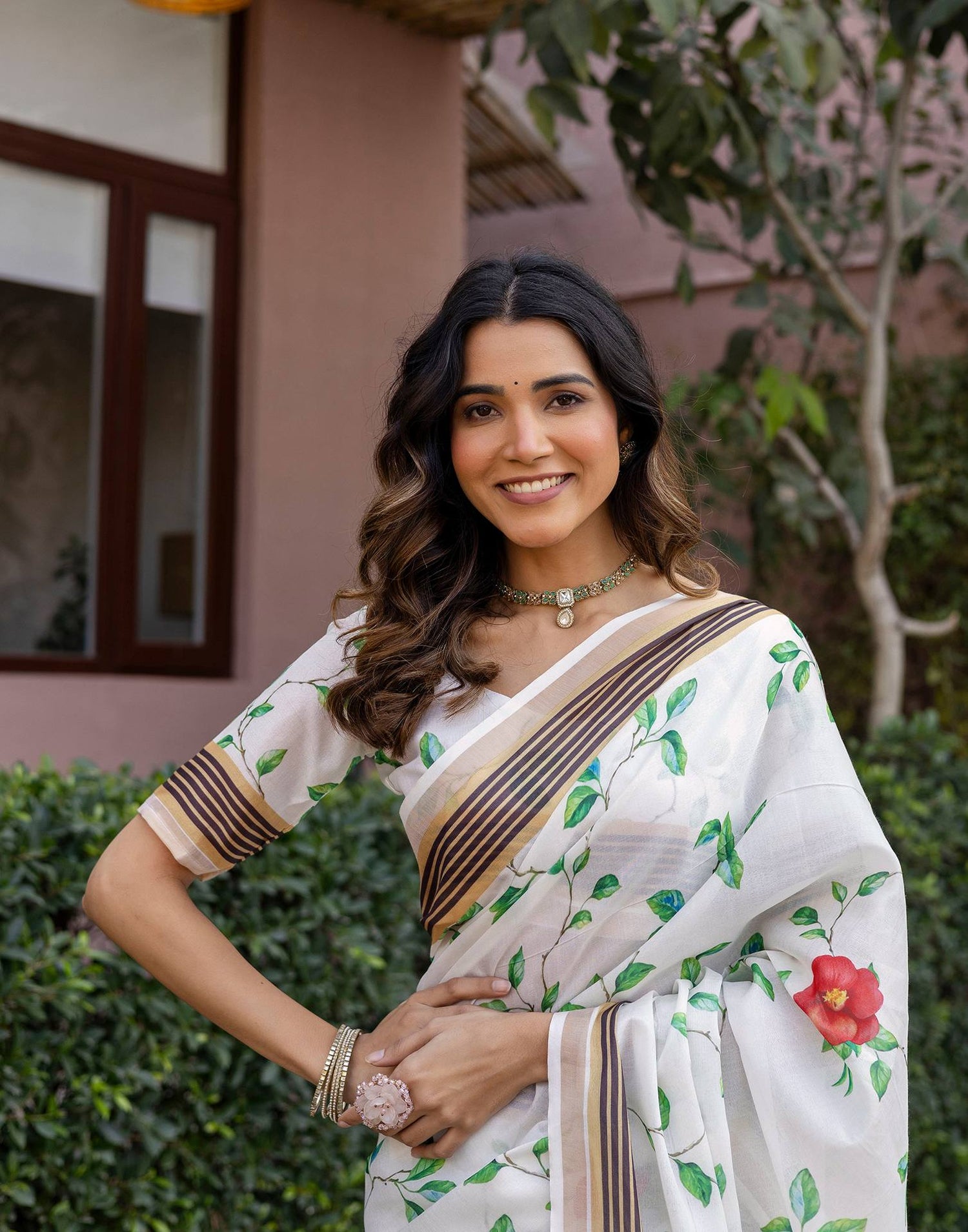 White Silk Floral Printed Saree