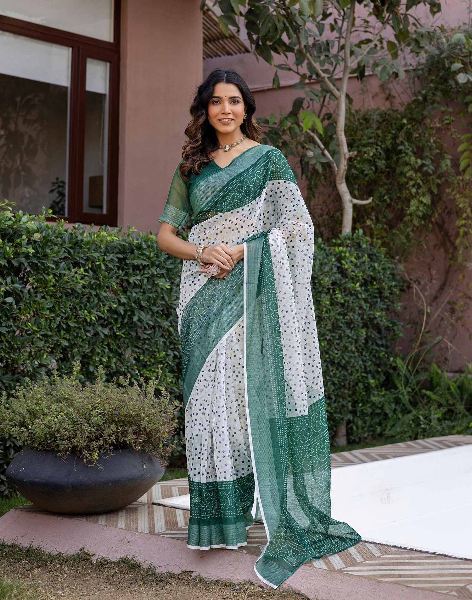White Linen Bandhani Printed Saree
