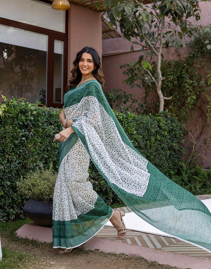White Linen Bandhani Printed Saree