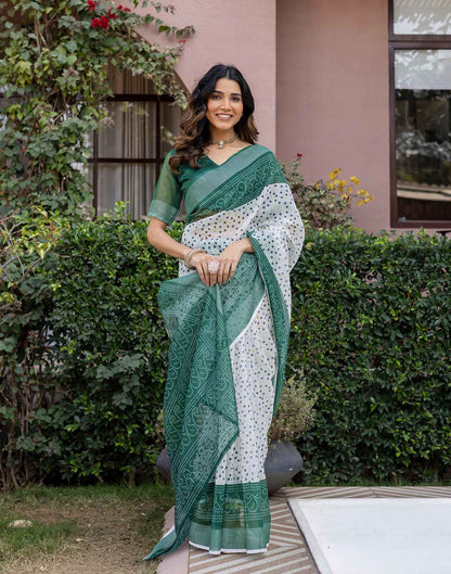 White Linen Bandhani Printed Saree