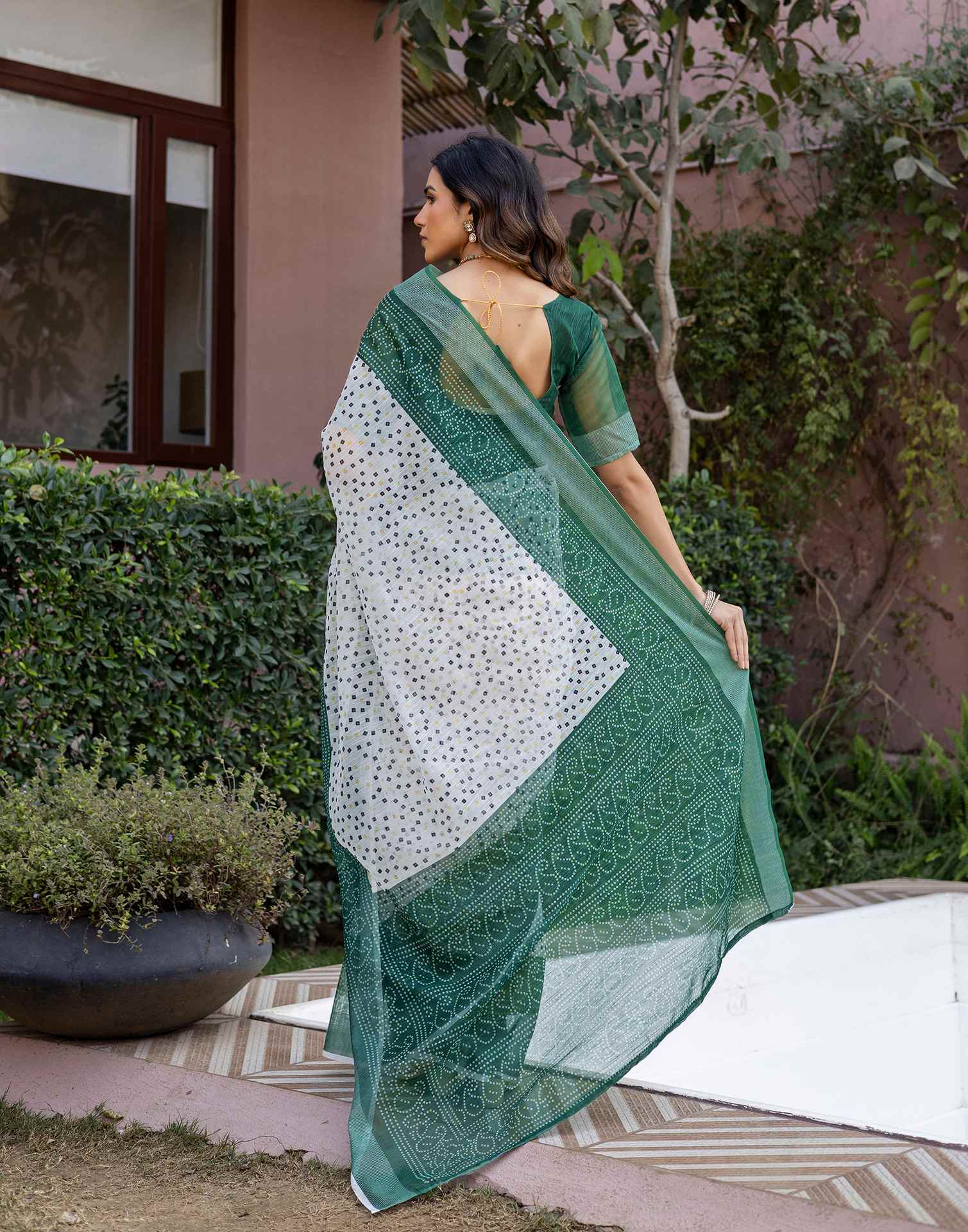 White Linen Bandhani Printed Saree