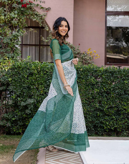 White Linen Bandhani Printed Saree