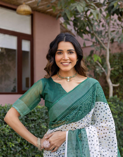 White Linen Bandhani Printed Saree