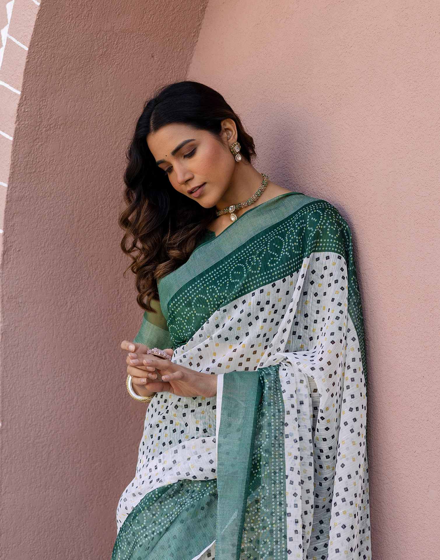 White Linen Bandhani Printed Saree