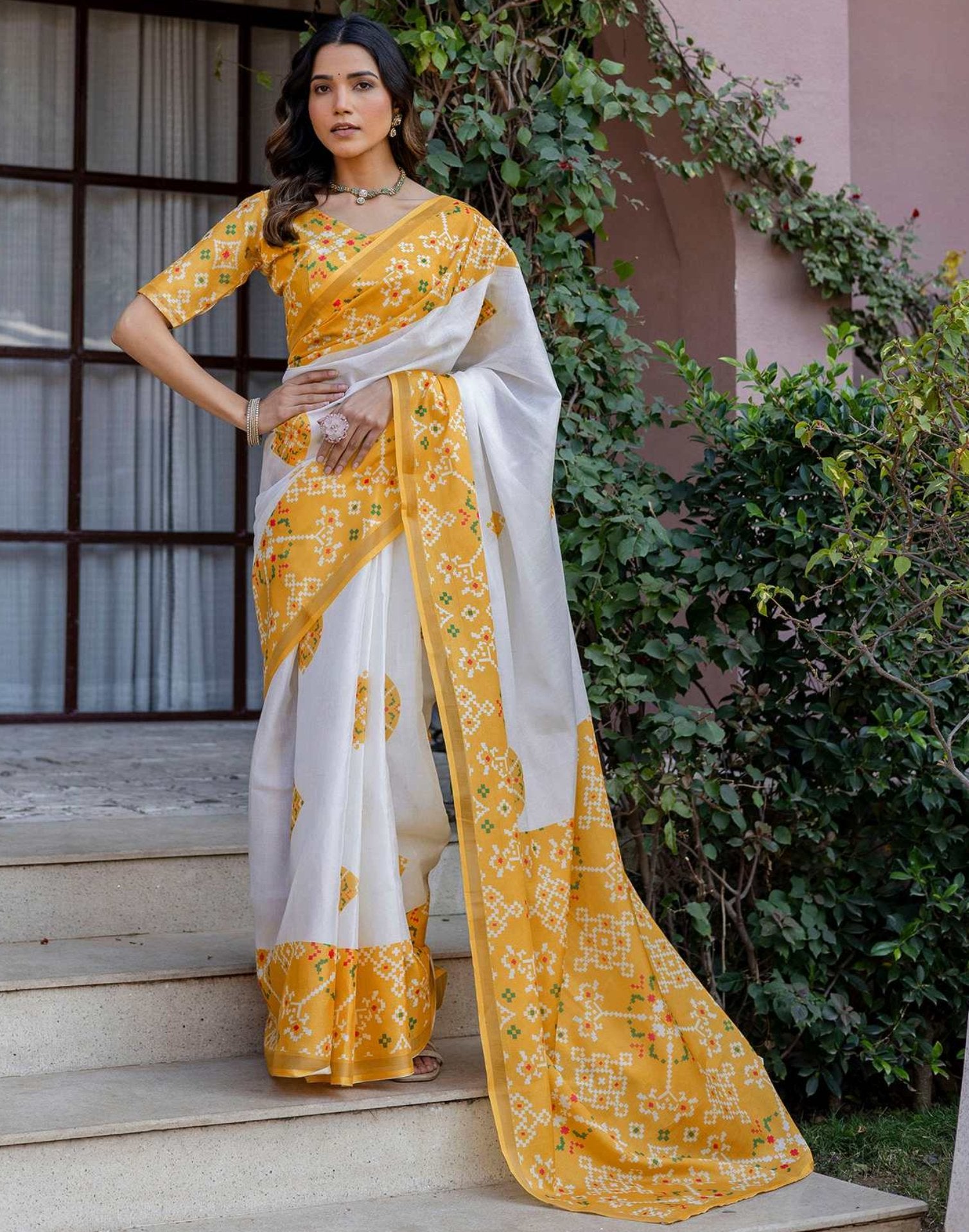 White Silk Printed Saree
