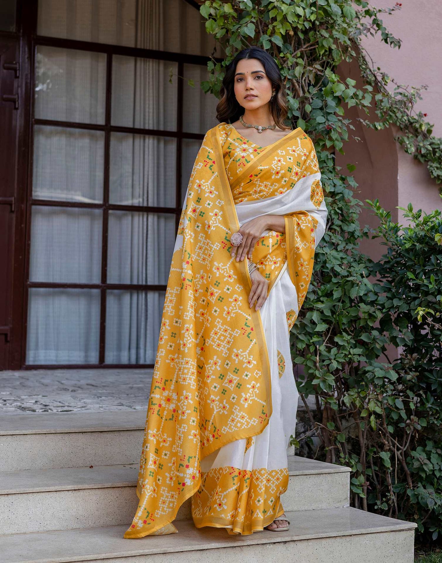 White Silk Printed Saree
