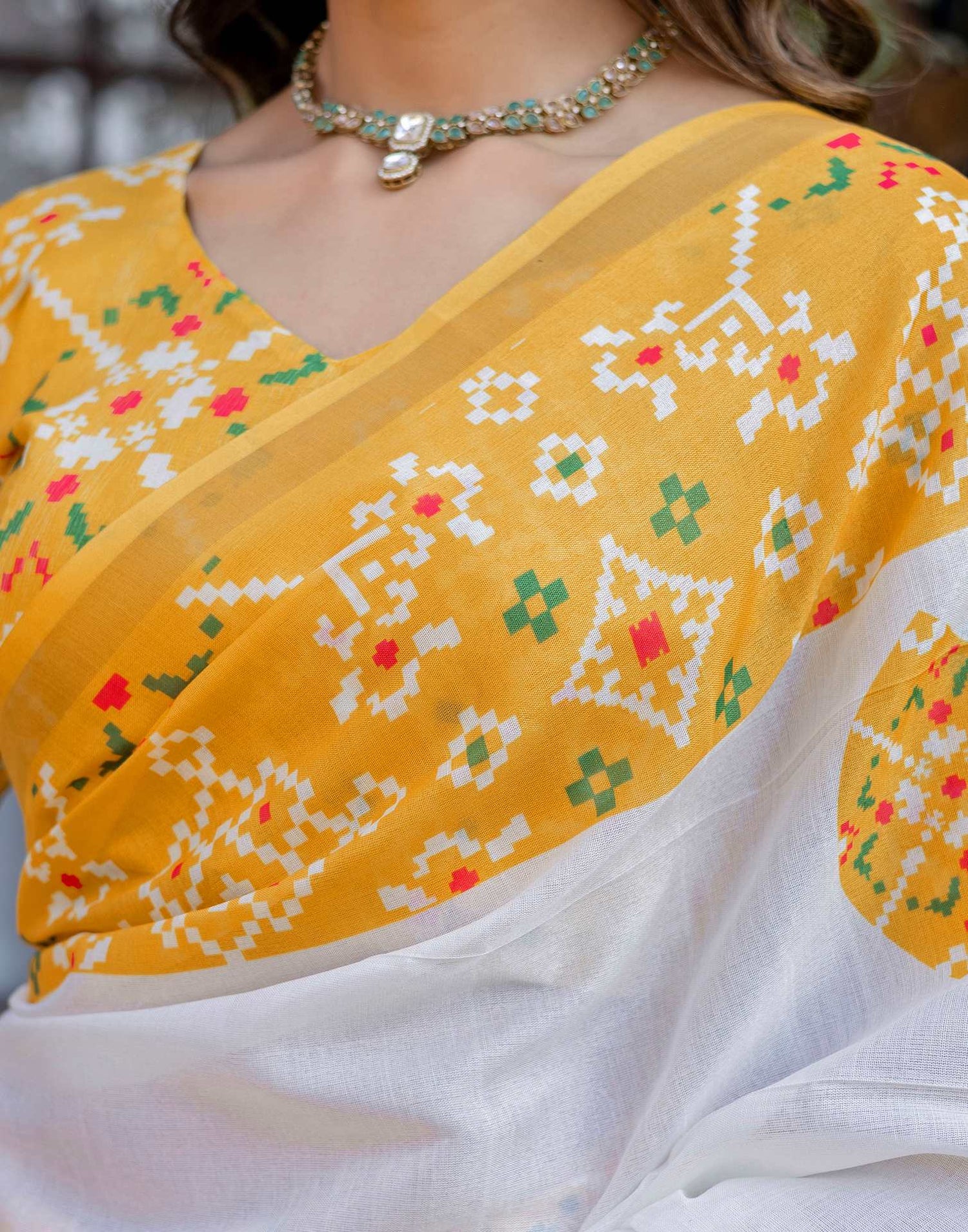 White Silk Printed Saree