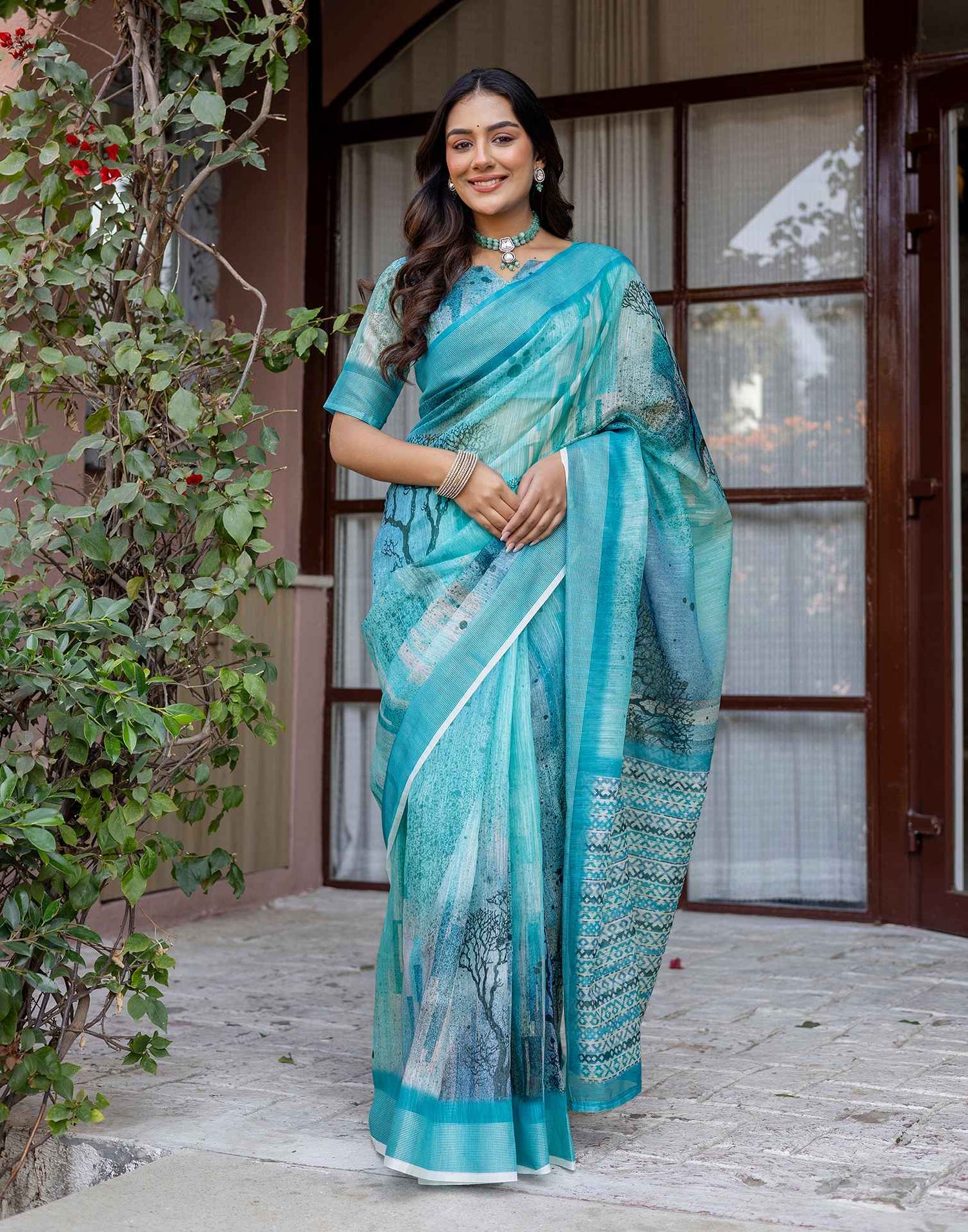 Turquoise Linen Printed Saree