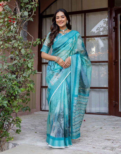 Turquoise Linen Printed Saree
