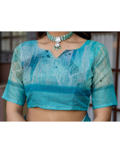 Turquoise Linen Printed Saree