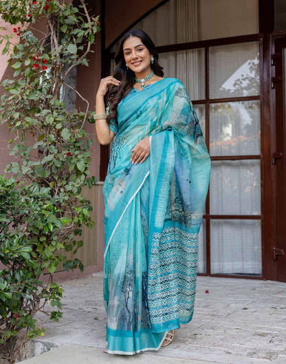 Turquoise Linen Printed Saree