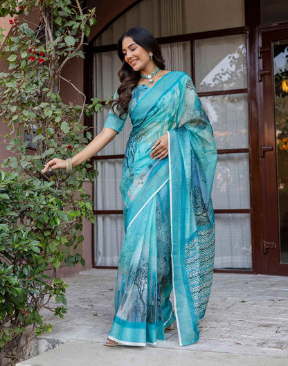 Turquoise Linen Printed Saree