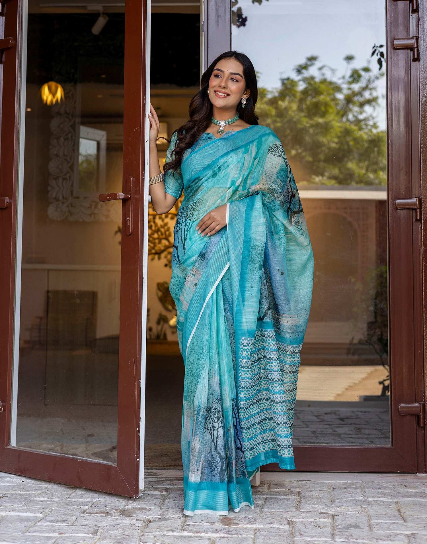 Turquoise Linen Printed Saree