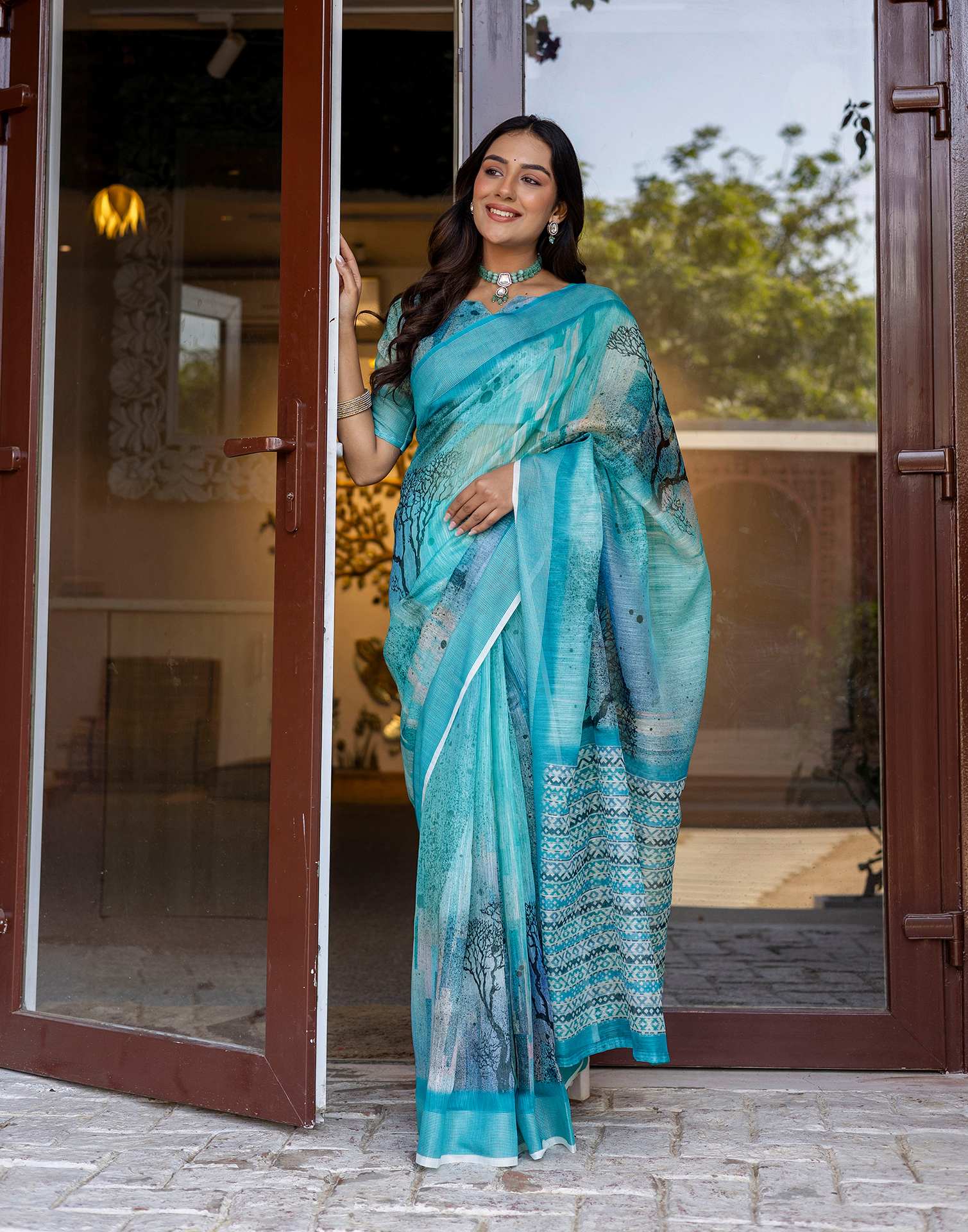Turquoise Linen Printed Saree