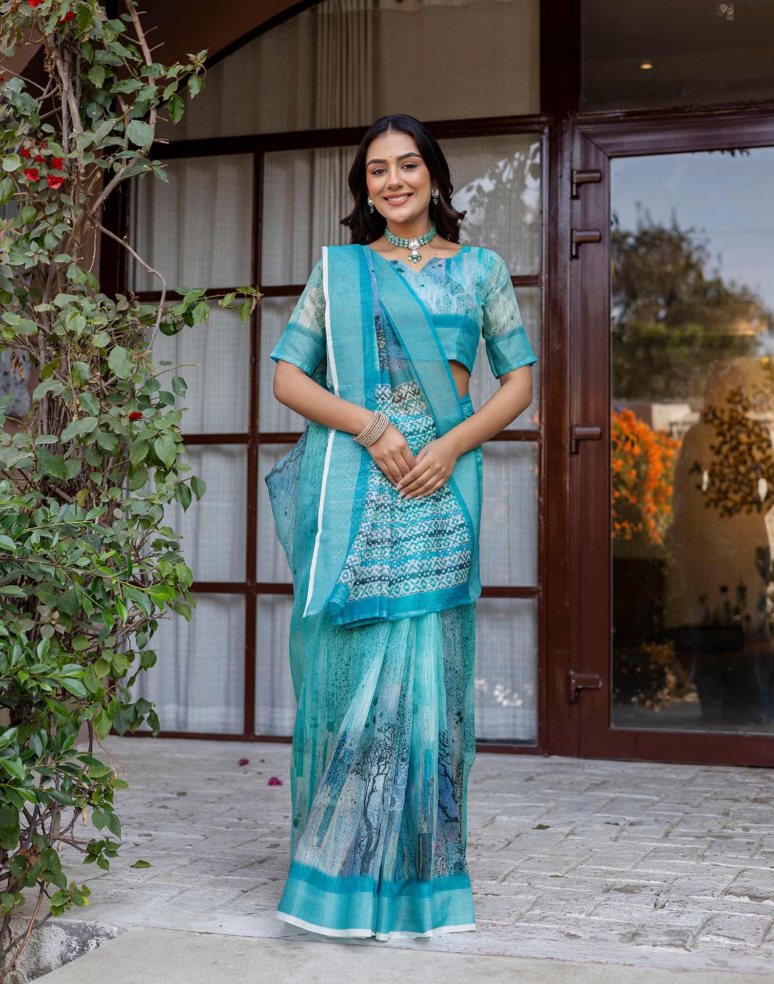 Turquoise Linen Printed Saree