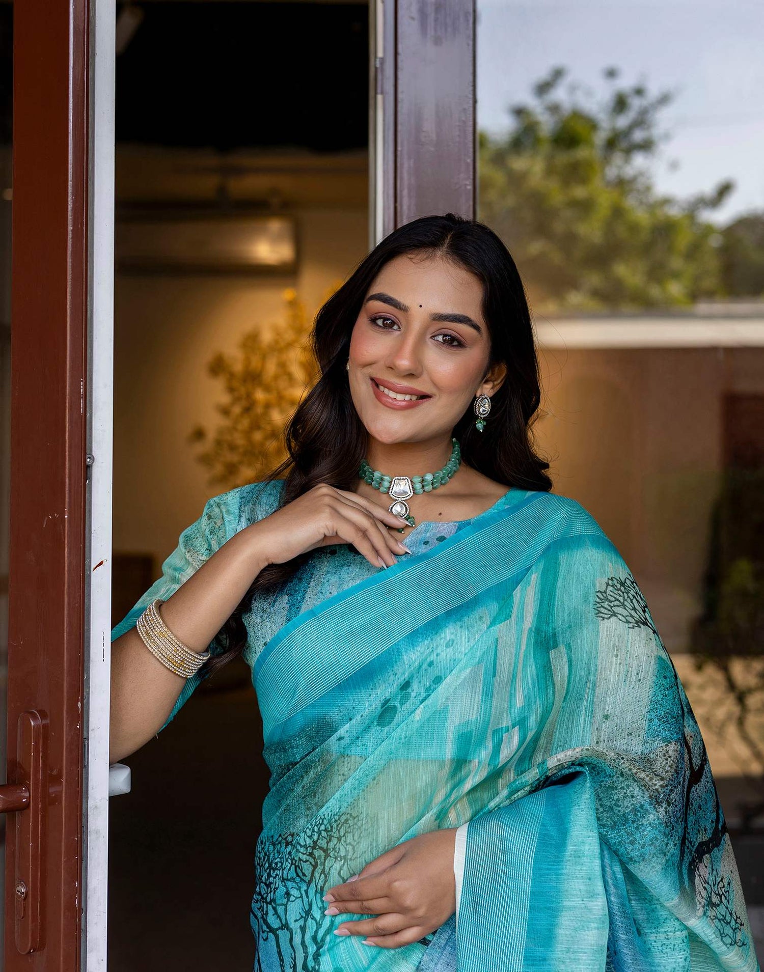 Turquoise Linen Printed Saree