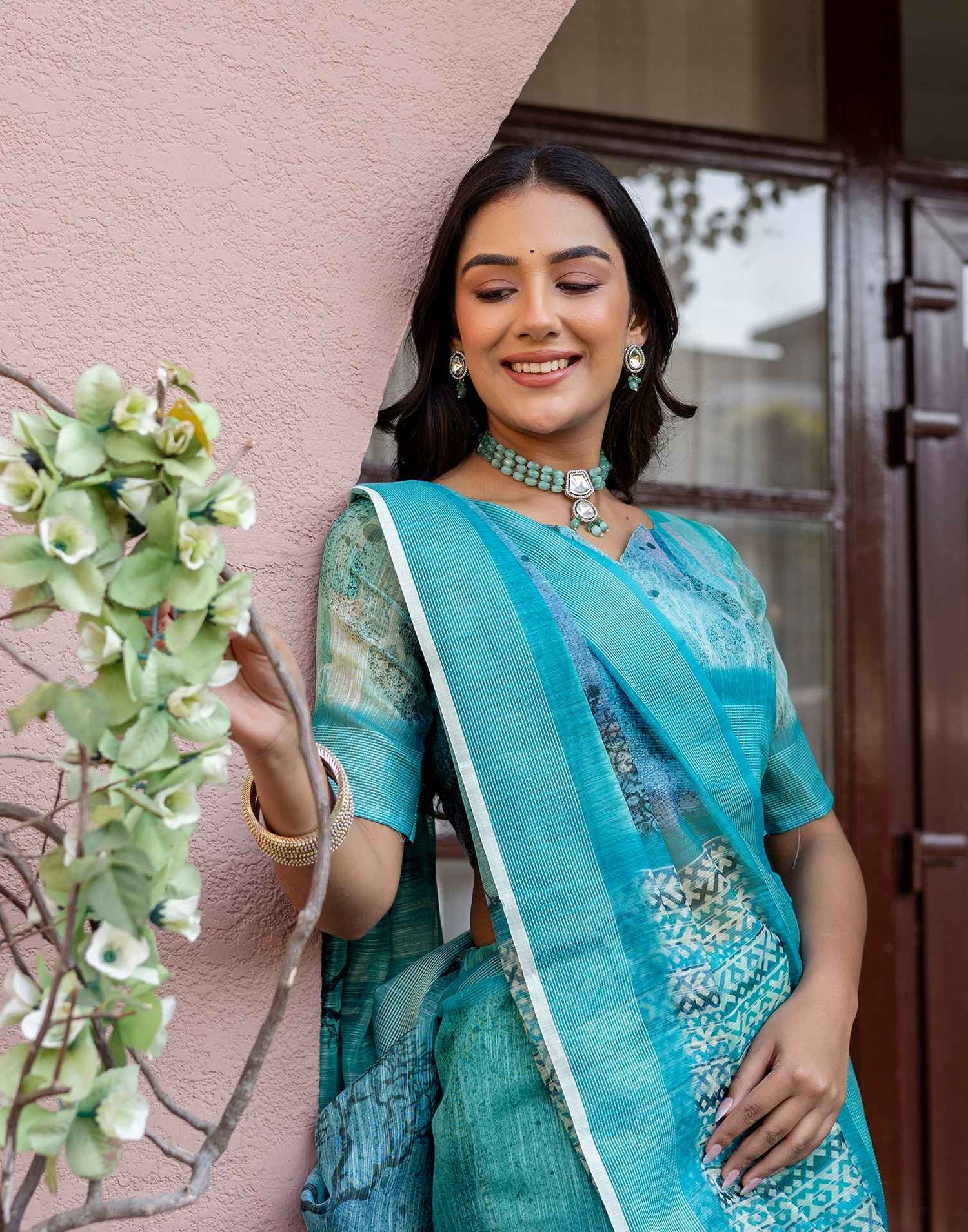 Turquoise Linen Printed Saree