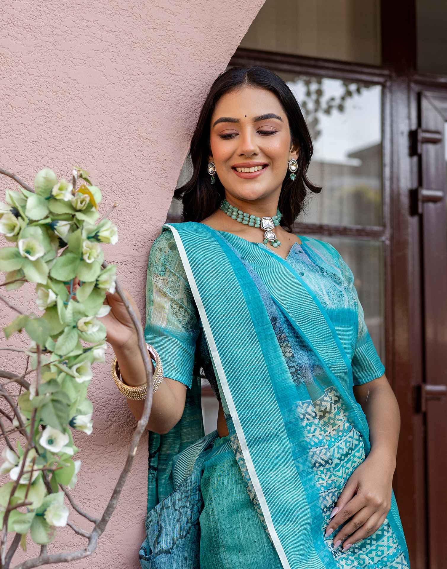 Turquoise Linen Printed Saree