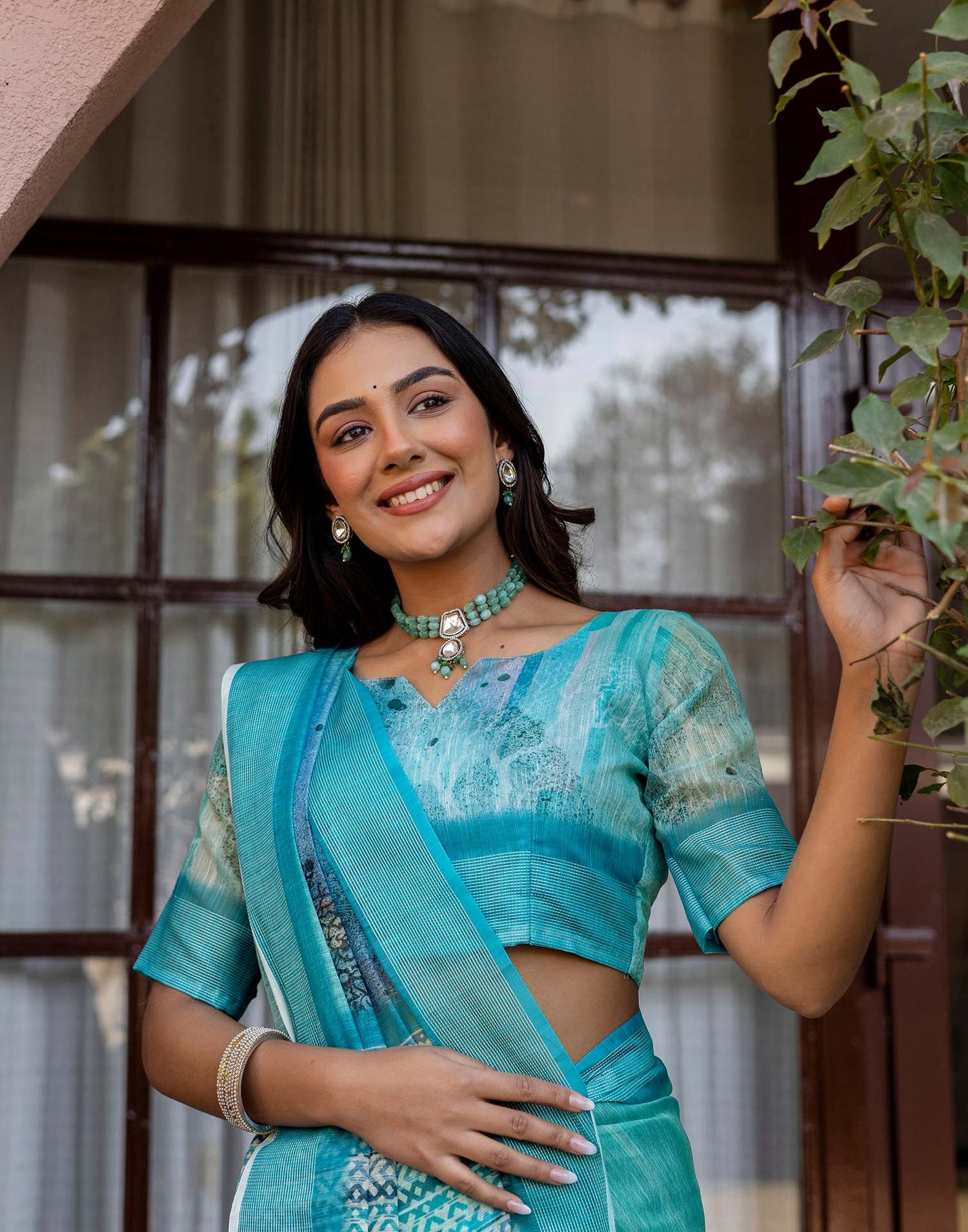 Turquoise Linen Printed Saree