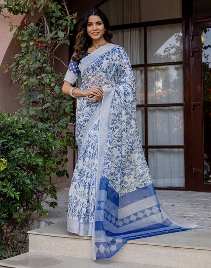 White Linen Printed Saree