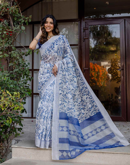 White Linen Printed Saree