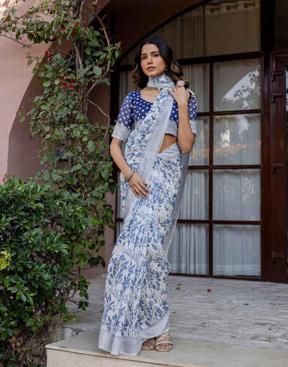 White Linen Printed Saree