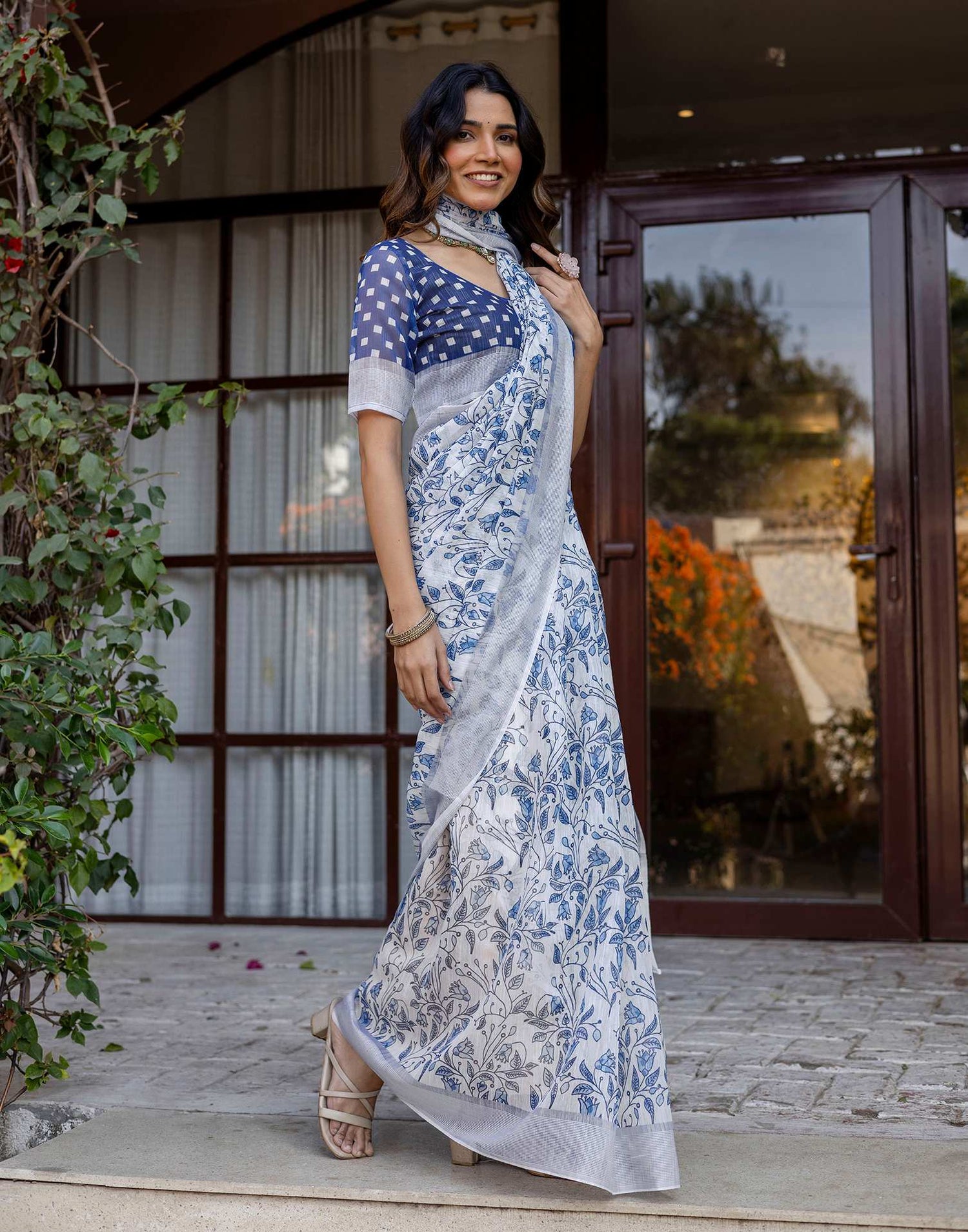 White Linen Printed Saree