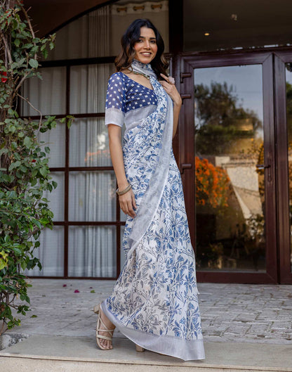 White Linen Printed Saree