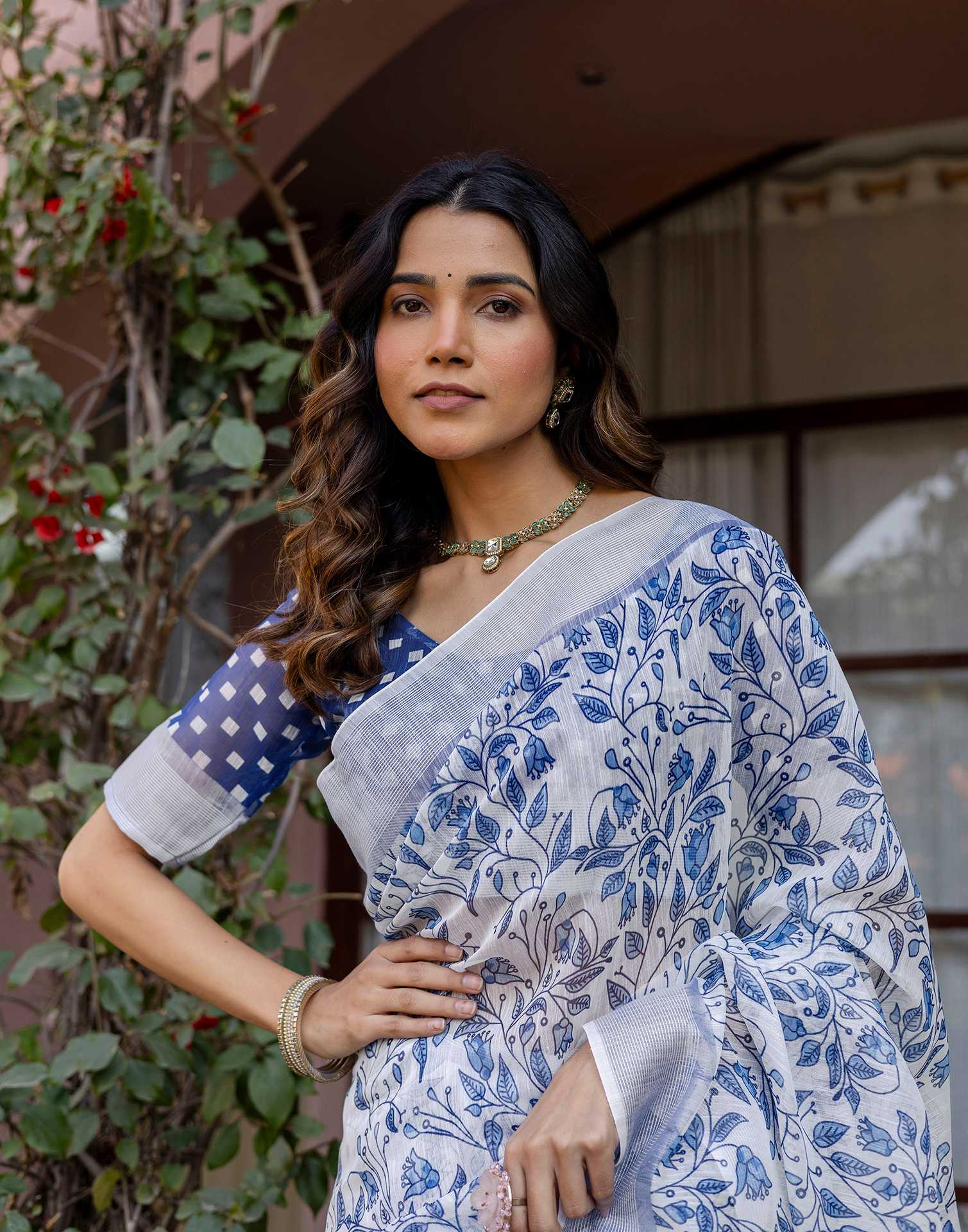 White Linen Printed Saree