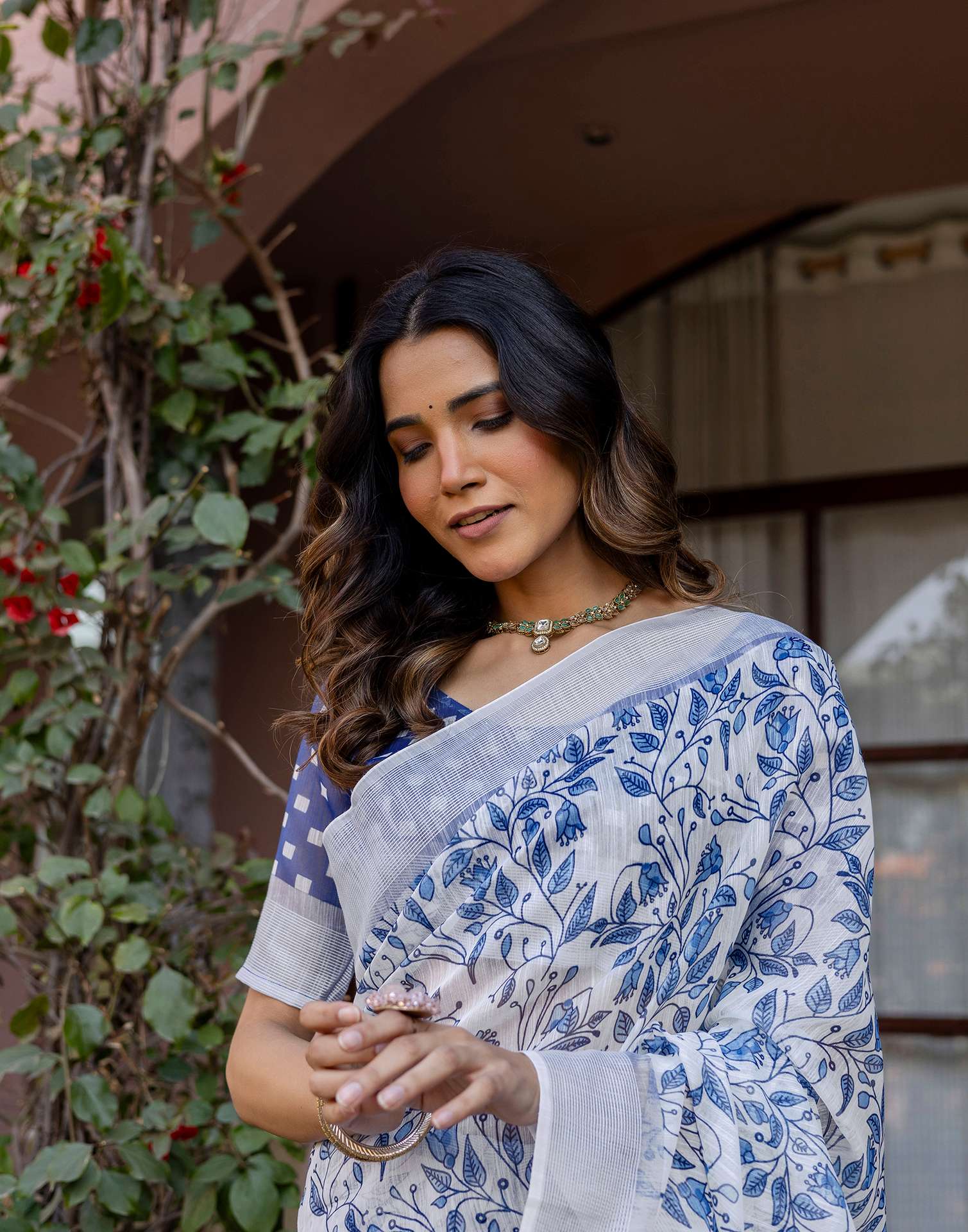 White Linen Printed Saree