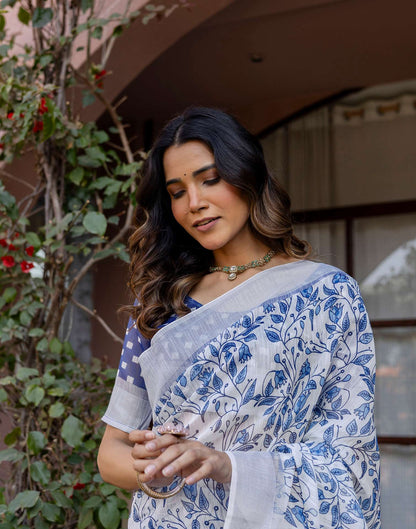 White Linen Printed Saree