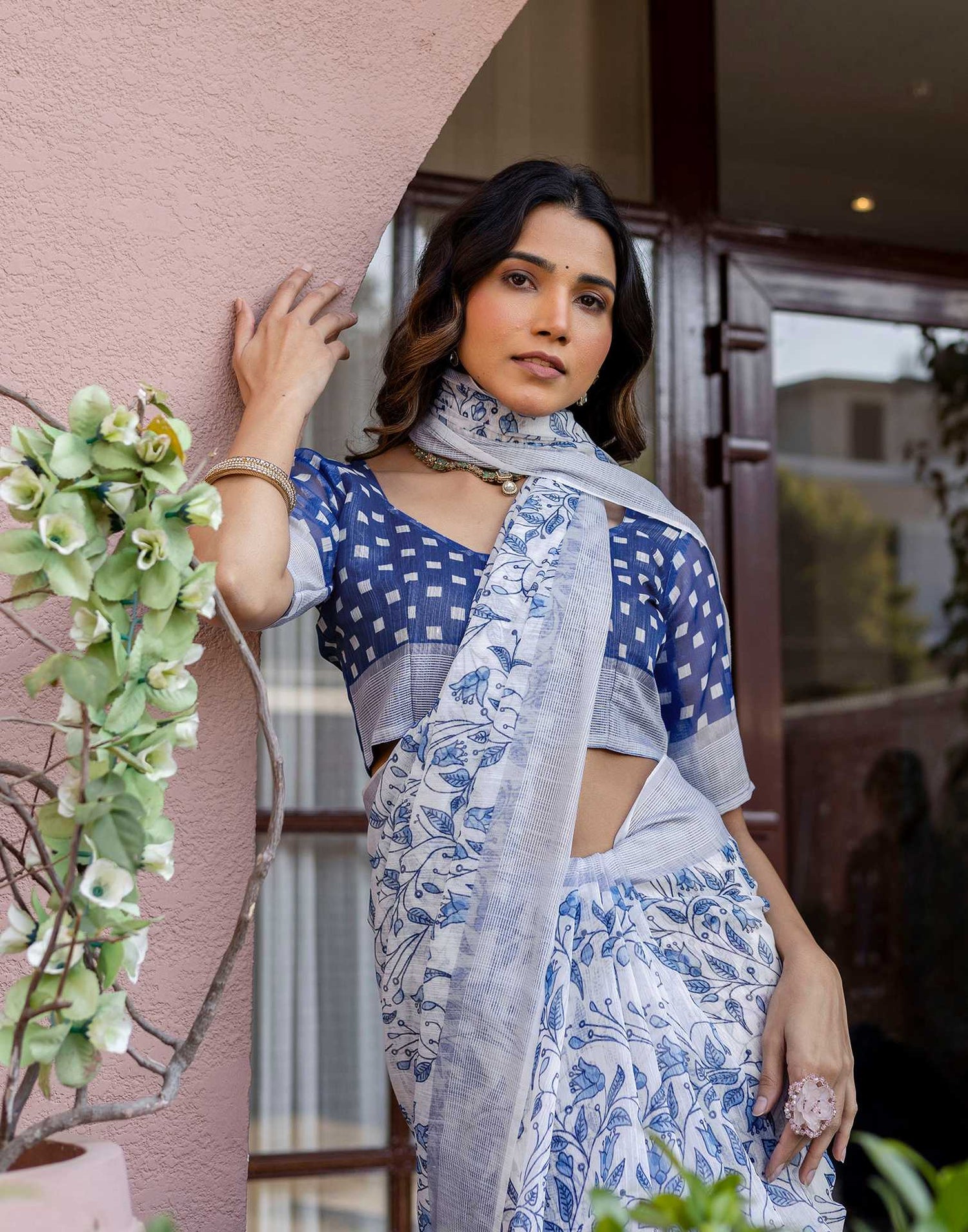 White Linen Printed Saree