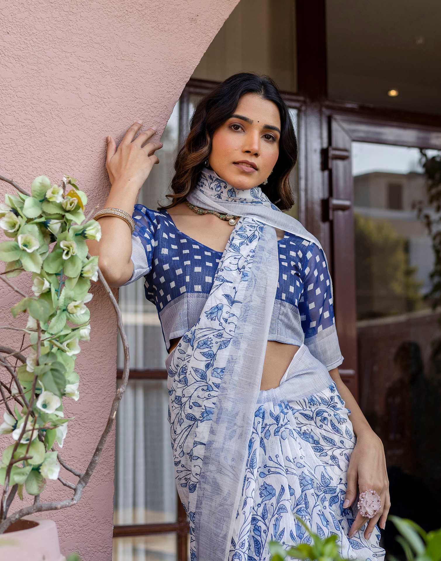 White Linen Printed Saree