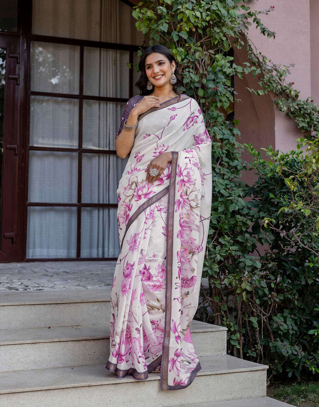 Off White Silk Floral Printed Saree