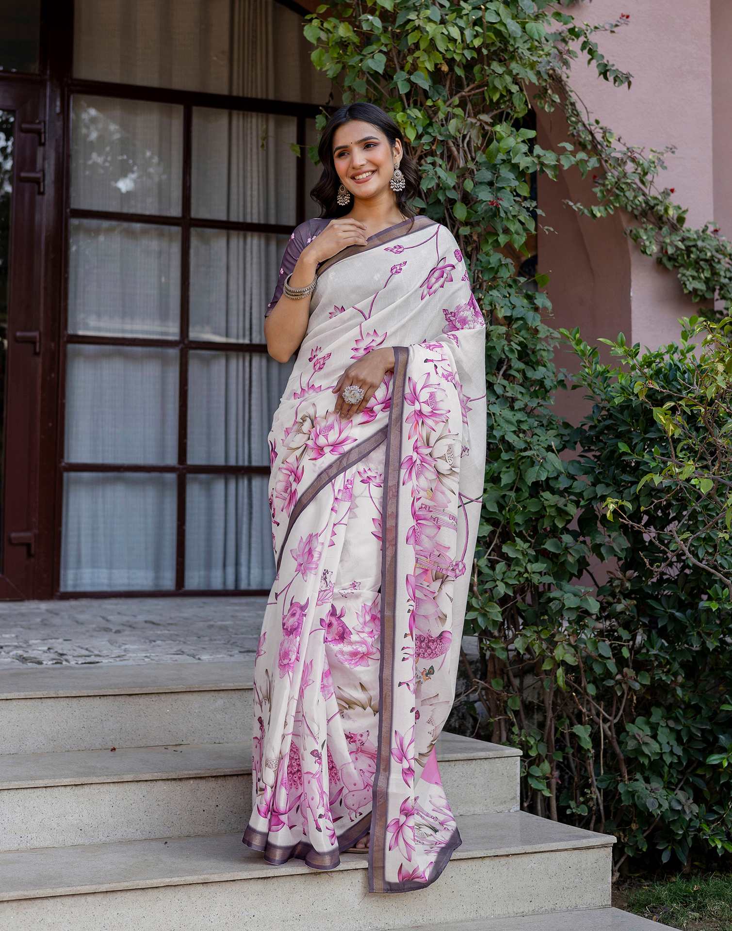 Off White Silk Floral Printed Saree
