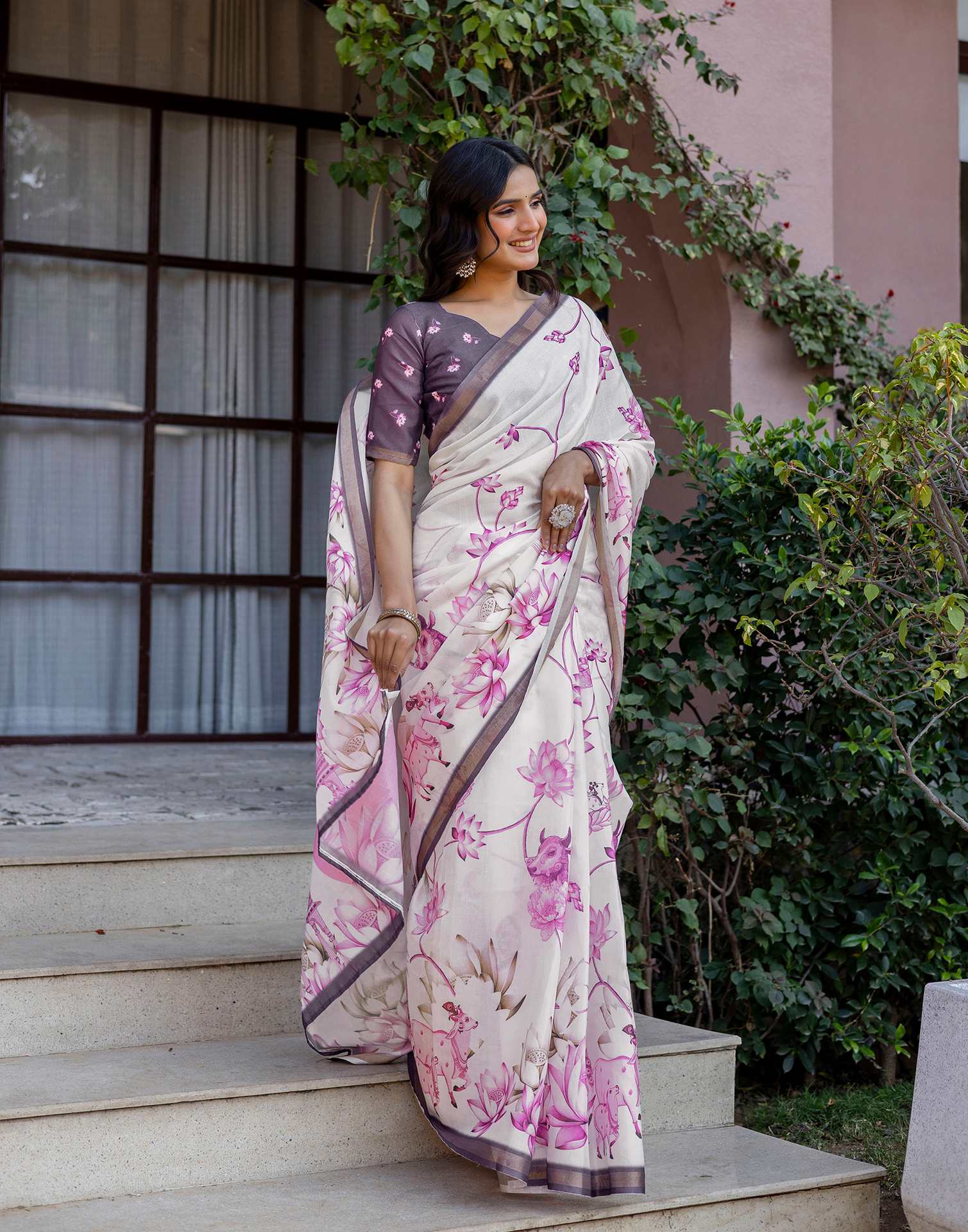 Off White Silk Floral Printed Saree
