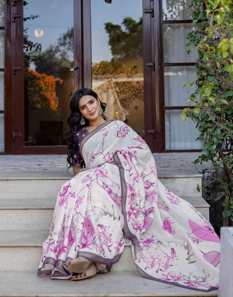 Off White Silk Floral Printed Saree