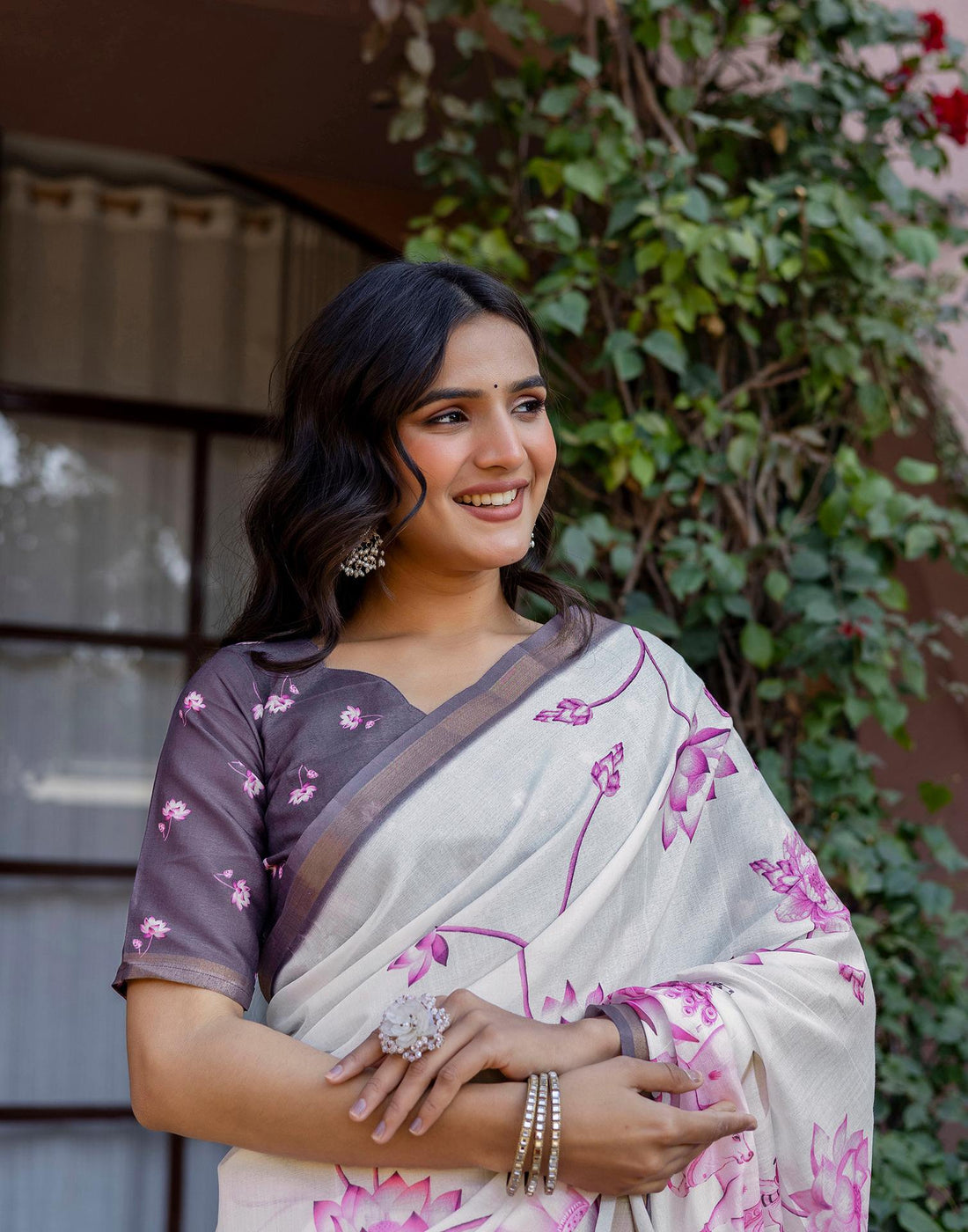 Off White Silk Floral Printed Saree