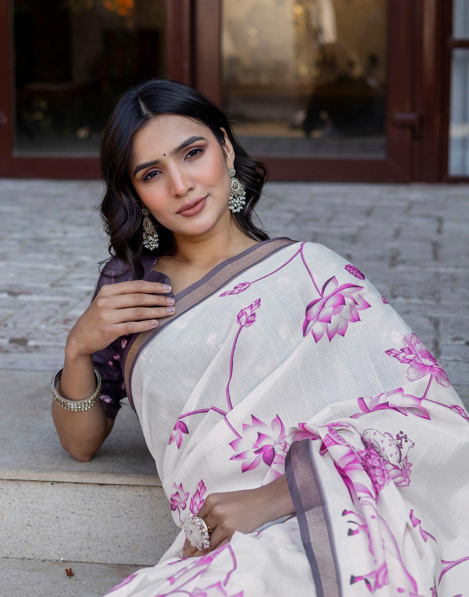 Off White Silk Floral Printed Saree