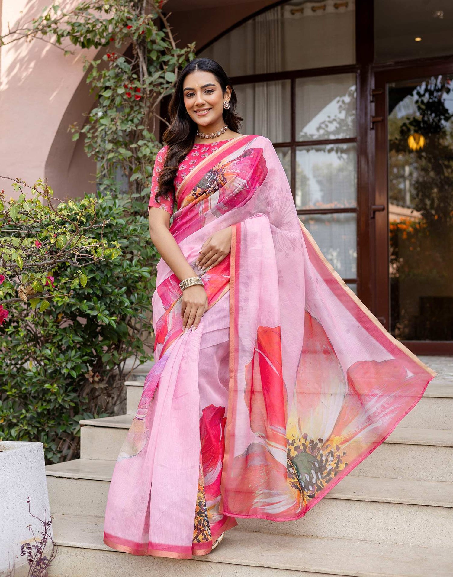 Light Pink Linen Floral Printed Saree