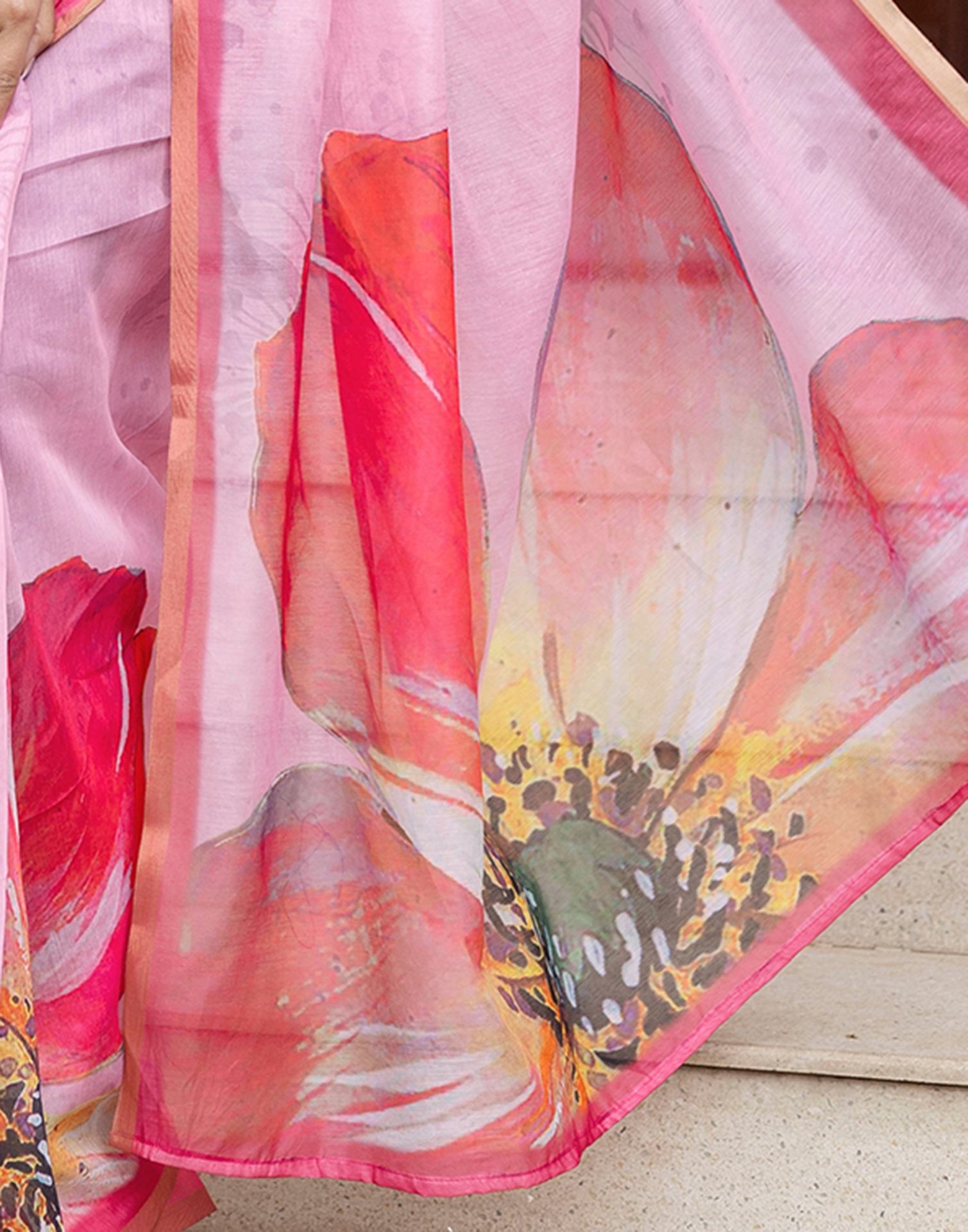 Light Pink Linen Floral Printed Saree