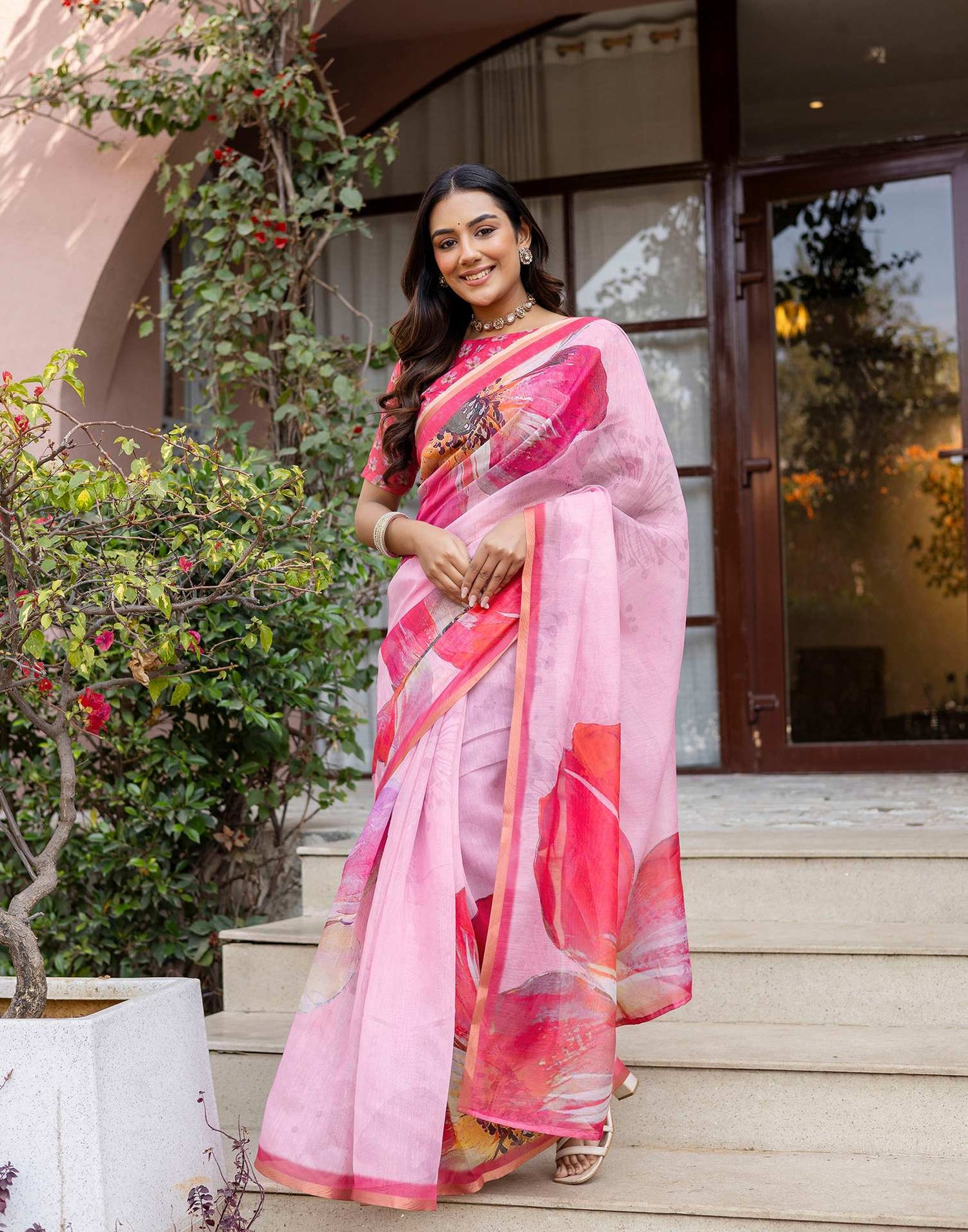 Light Pink Linen Floral Printed Saree